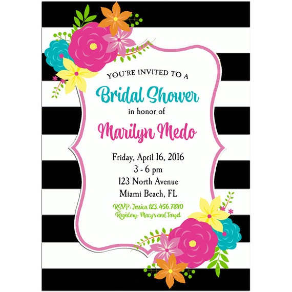 Black Stripe Floral Invitation Printable or Printed with FREE SHIPPING - Bridal or Baby Shower, Birthday - Flowers in Bloom Collection Il_570xn