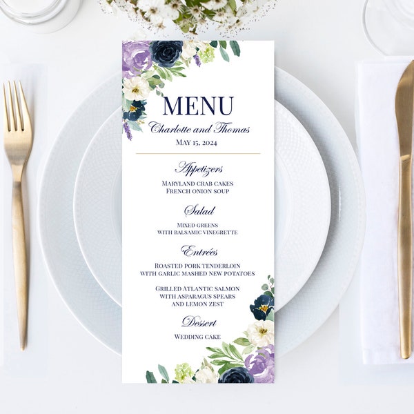 Navy and Lavender Wedding Menu Printed FREE SHIPPING - ANY Wording -  Lilac Lavender Hailey Collection TPC9012