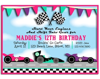 Girl's Cars or Go Karts Invitation Printable or Printed with FREE SHIPPING - You Pick Colors of Cars - Let's Race Collection