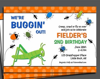 May include: A white invitation with orange polka dots and a green grasshopper. The invitation says "We're Buggin' Out!" and is for Fielder's 2nd Birthday on June 28th from 2-4 PM. The address is 123 Grasshopper Place, Little Rock, AR. The contact information is "Regrets: Holly at hismom@aol.com".