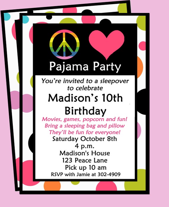 Sleepover Invitation Printable or Printed with FREE SHIPPING - Peace Love and Pajamas Il_570xn