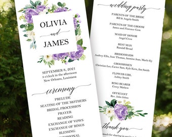 Lavender Wedding Programs PRINTED Personalized Flat Panel Two Sided  Lilac Lavender Marilyn Collection TPC9002