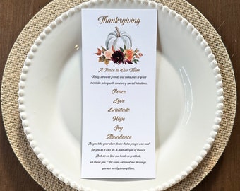 Thanksgiving Gratitude Table Card with Prayer SET OF 12 - White Pumpkin Thanksgiving Table Collection Life's About Change