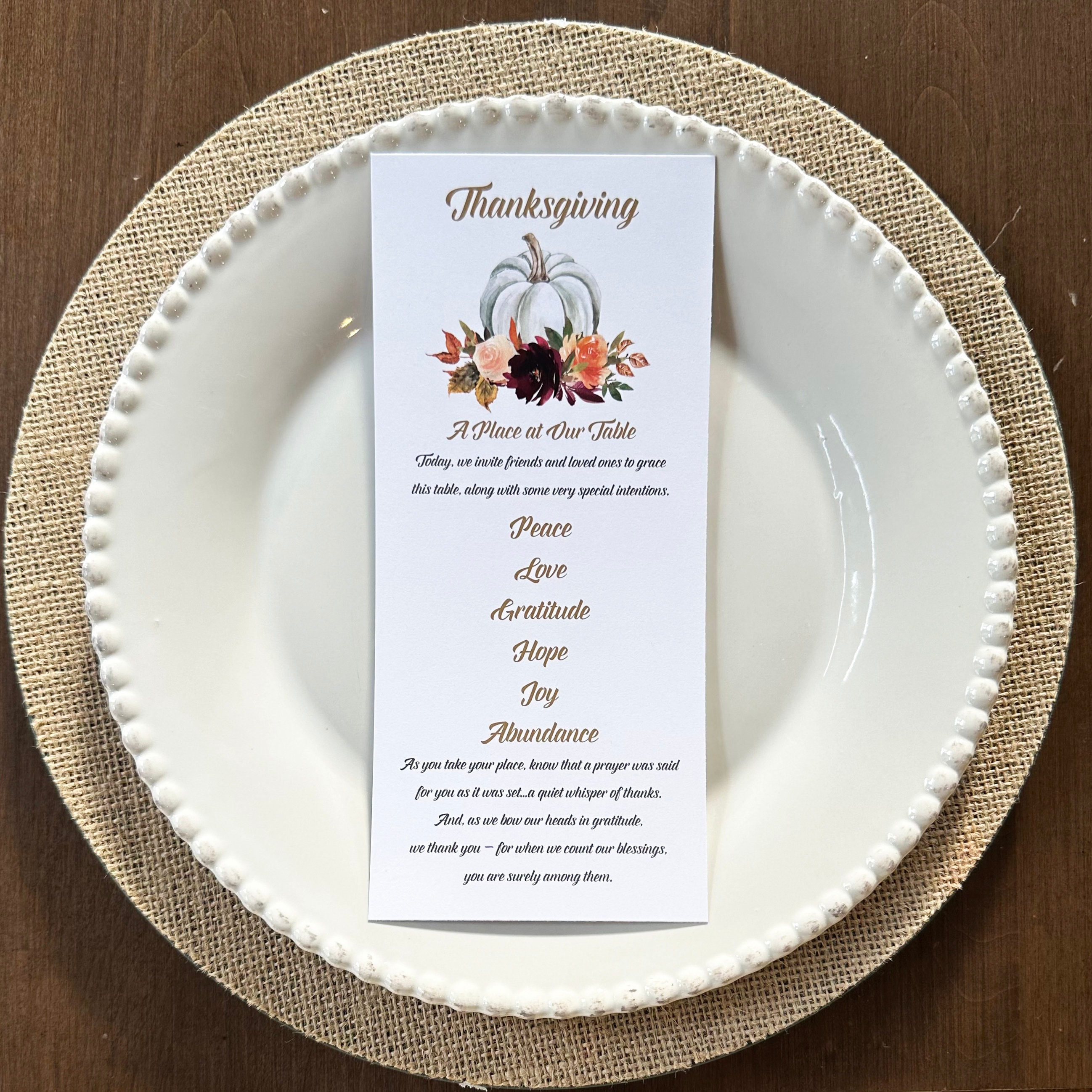 Thanksgiving Gratitude Table Card with Prayer SET OF 12 - White Pumpkin Thanksgiving Table Collection Life's About Change