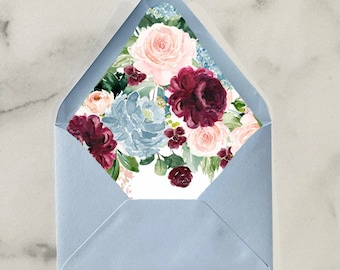 Burgundy Blue and Blush Floral Flowers Watercolor Envelope Liners Add On Wedding Invitation Suite - Floral Miranda Collection TPC9022