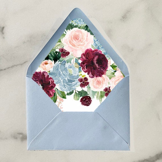 Burgundy Blue and Blush Floral Flowers Watercolor Envelope Liners Add On Wedding Invitation Suite - Floral Miranda Collection Il_570xn
