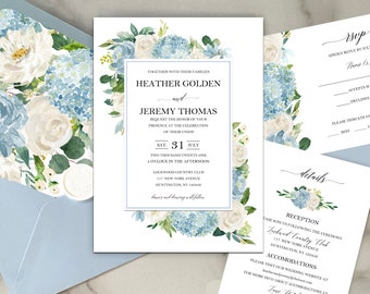 Blue and Ivory Wedding Invitations Suite Engagement Shower Rehearsal - Steel Blue Dusty Blue Camille Collection TPC9007