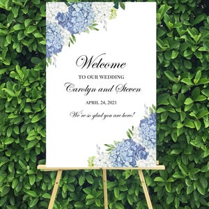 Blue Hydrangea Wedding Welcome Sign Printed Foam Board Rehearsal Dinner Bridal Shower - Dusty Blue Hydrangea Elizabeth Collection TPC9001