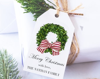 Red Stripe Christmas Wreath Gift Tags Personalized PRINTED Boxwood Bow Custom Hostess Gift Everyday Wedding Shower Thank you