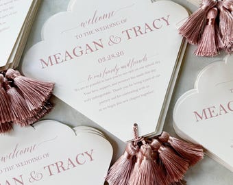 Blush Wedding Program Fans with Tassel Scallop Menus Timeline Seashell Ivory or White with Pink Tassels