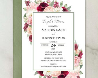 Botanical Shower Invitations Bridal or Couples Shower Watercolor Floral Blush Ivory Burgundy