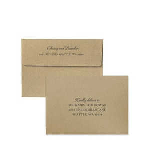 May include: Two kraft paper envelopes. The top envelope reads "Christy and Brandon" and the address "125 OAK LANE &bull; SEATTLE, WA 12345". The bottom envelope reads "Kindly deliver to MR. & MRS. TOM ROWAN 6743 GREEN HILLS LANE SEATTLE, WA 12354".