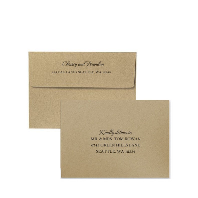 May include: Two kraft paper envelopes. The top envelope reads "Christy and Brandon" and the address "125 OAK LANE &bull; SEATTLE, WA 12345". The bottom envelope reads "Kindly deliver to MR. & MRS. TOM ROWAN 6743 GREEN HILLS LANE SEATTLE, WA 12354".
