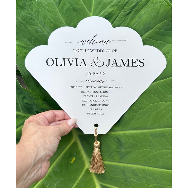 Wedding Program Fans with Tassel Scallop Sea Shell Ivory White image 3