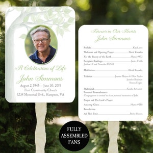 May include: A green and white funeral program with a photo of a man in a suit. The program includes the text "A Celebration of Life" and "John Simmons". The program also includes the dates August 2, 1945 - June 30, 2019, the name of the church, and the address. The program also includes a list of the order of service, including the names of the people who will be participating.