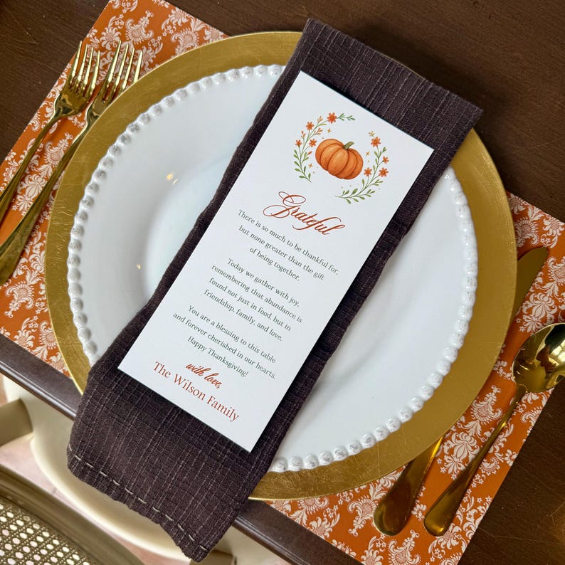 Thanksgiving Gratitude Table Card with Prayer SET OF 12 Thanksgiving Table - Grateful Pumpkin Collection
