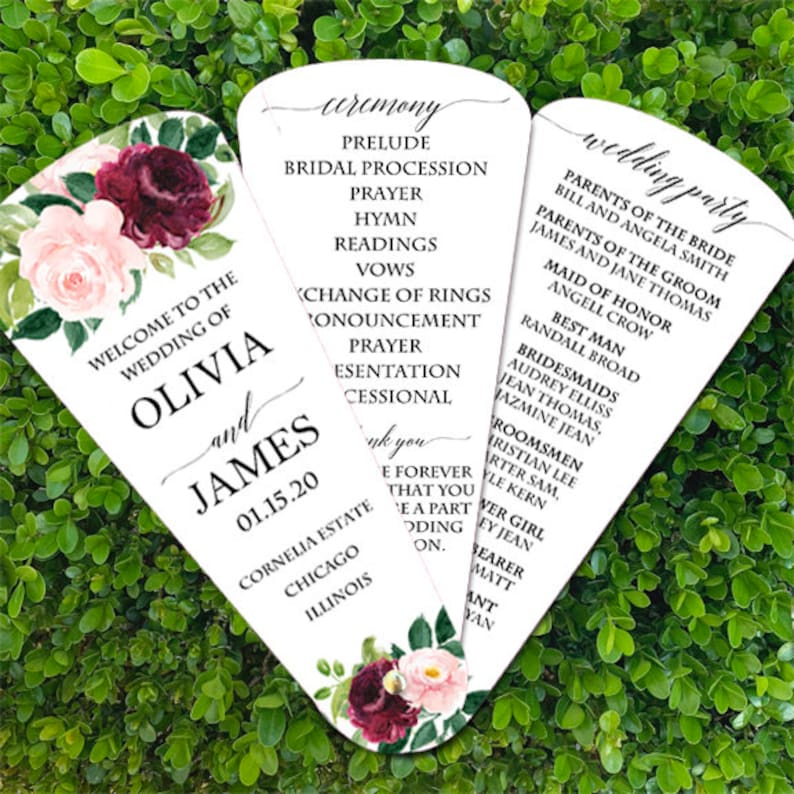 Burgundy and Blush Olivia Collection Wedding Program Petal Fans Assembled