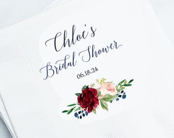 Navy Burgundy Blush Monogram Wedding Birthday Cocktail Beverage Napkins Navy Burgundy Blush Chloe Collection TPC9018