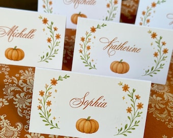 Friendsgiving Thanksgiving Place Cards Tented or Flat Personalized Printed - Lunch Brunch Dinner - Grateful Pumpkin Collection