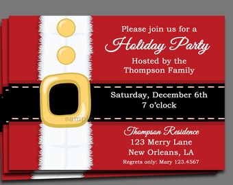Pode incluir: Convite para uma festa de Natal com um design de fato de Pai Natal. O convite apresenta um fundo vermelho, texto branco, um cinto preto e uma fivela dourada. O texto diz "Holiday Party" e inclui detalhes do evento.