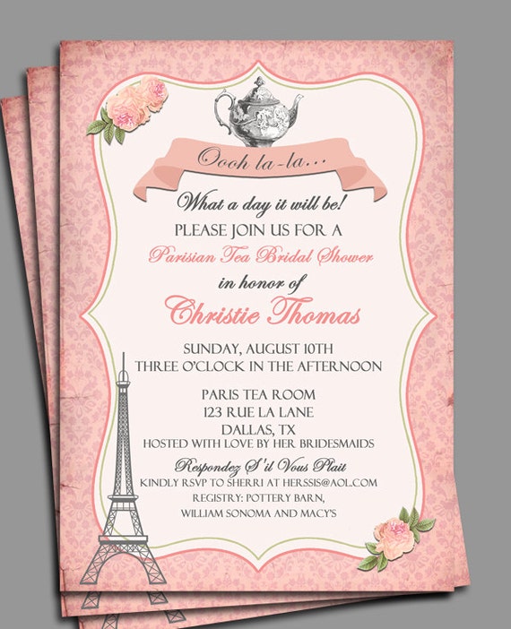 Shabby Chic Paris or Any Occasion Vintage Floral Parisian Invitation Printable or Printed with FREE SHIPPING Bridal Shower Birthday
