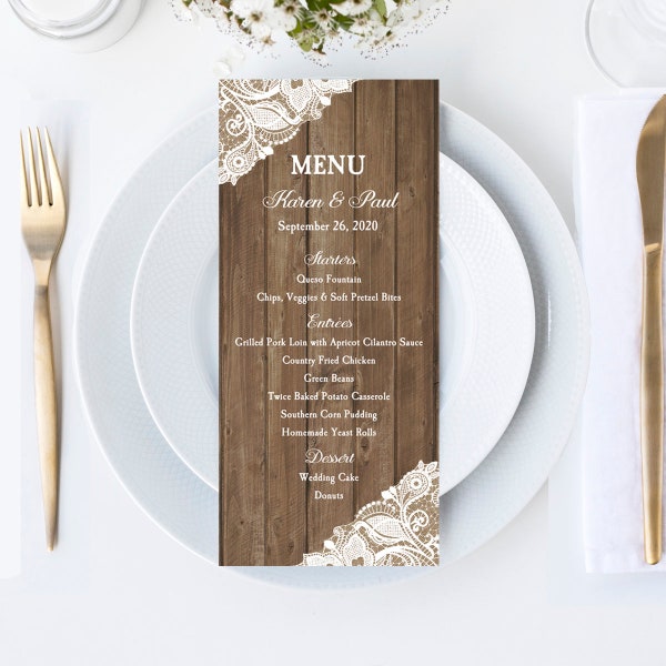 Wood and Lace Wedding Rehearsal Dinner Menu Birthday Graduation Luncheon Rehearsal Dinner Printed - Rustic Boho - Wood and Lace Collection
