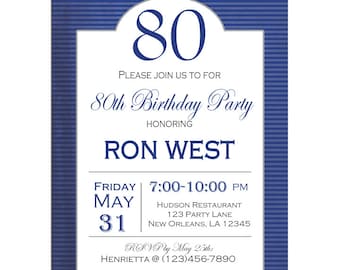 Men's Birthday Invitation Printable or Printed with FREE SHIPPING - 80th Birthday Adult Birthday, Anniversary, ANY event