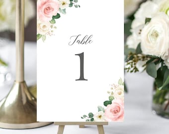 Blush Floral Table Numbers Printed Cards 5x7" - Sage and Blush Roses Laura Collection TPC9109