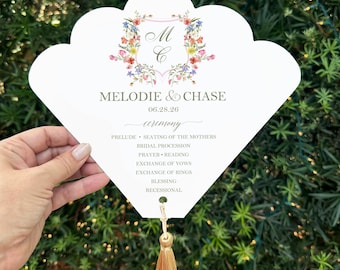 Crest Floral Wildflower Wedding Program Fans with Tassel Scallop Blush Blue Lavender Orange Ivory White