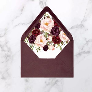 Burgundy and Blush Floral Flowers Watercolor Envelope Liners Add On Wedding Invitation Suite Burgundy and Blush Marsala Collection TPC9011