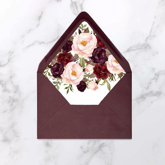 Burgundy and Blush Floral Flowers Watercolor Envelope Liners Add On Wedding Invitation Suite - Marsala Collection Il_570xn