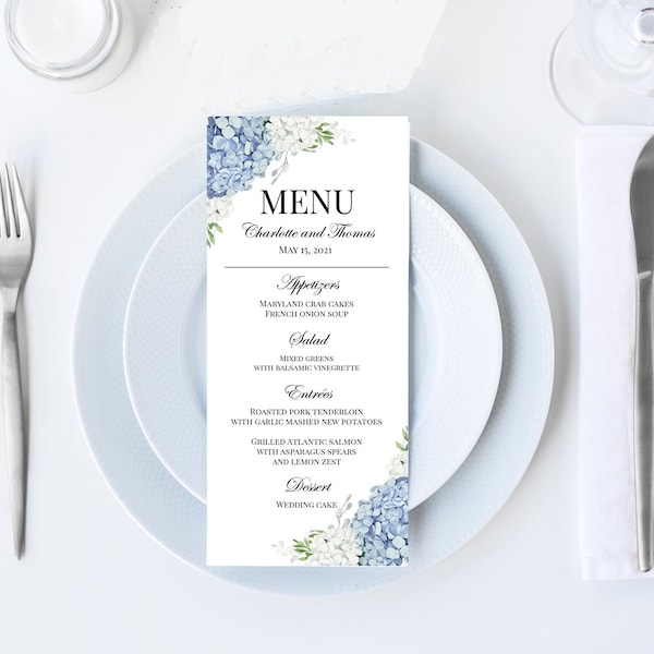 Blue Wedding Menu Printed Birthday Bridal Shower Rehearsal Dinner (25 MIN ORDER)  Dusty Blue Hydrangea Elizabeth Collection TPC9001