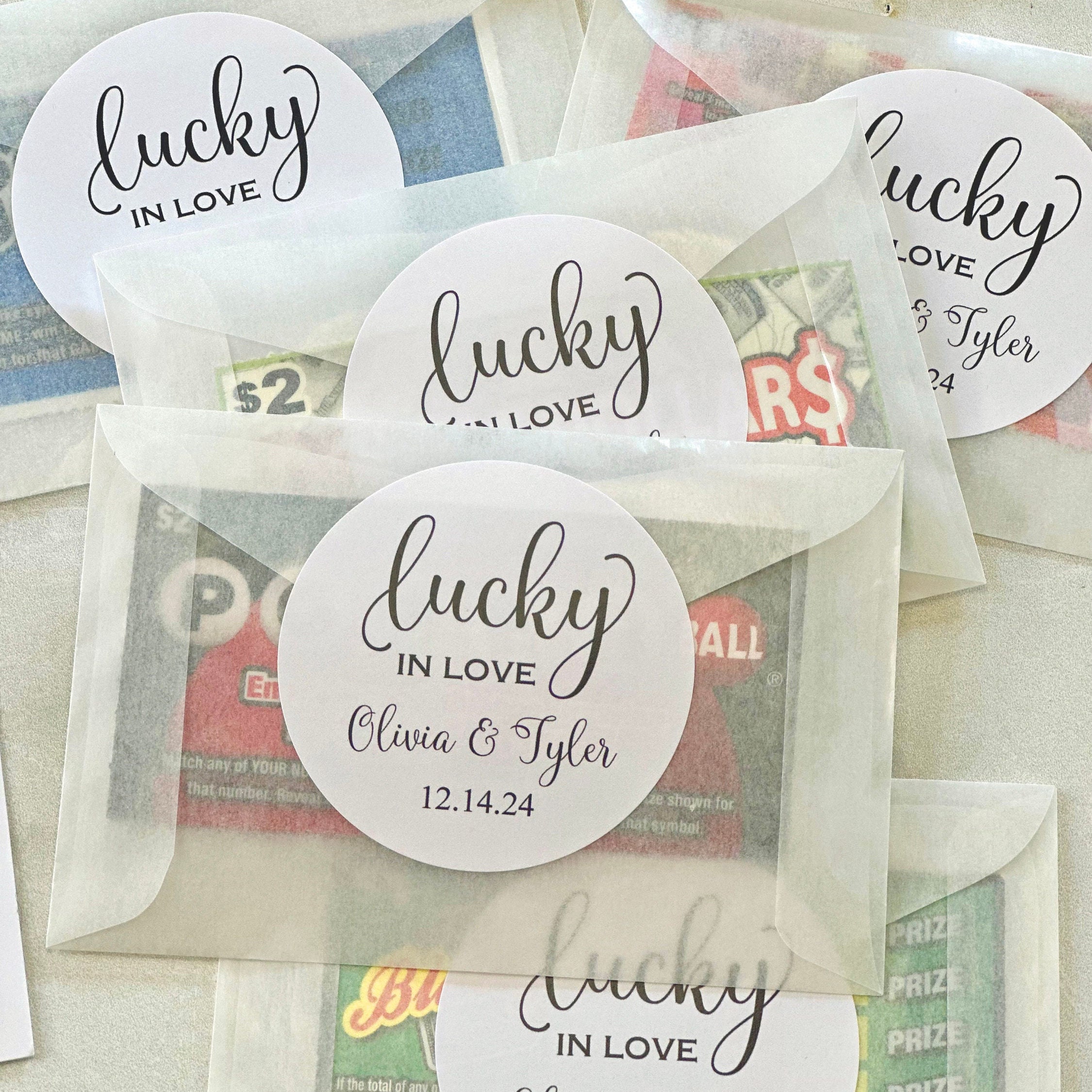 Lucky in Love Lotto Favor Stickers and Envelopes Wedding Lotto Ticket Favors, Bulk Favors, Wedding Favors, Lotto Ticket Favors