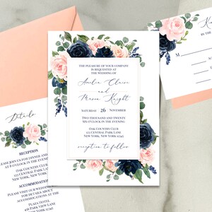 Navy Blue and Blush Envelope Liners Add On Wedding Invitation Suite Navy and Blush Amelia Collection TPC9006 image 5