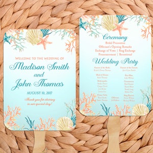 May include: A wedding program fan with a light blue background and coral and seashell designs. The fan features the names Madison Smith and John Thomas, the wedding date August 10, 2017, and the ceremony and wedding party details.