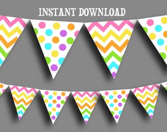 Banner imprimible - Banderín de lunares y chevrones pastel - Descarga instantánea