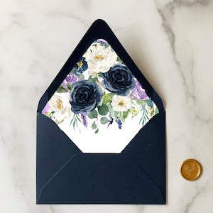 Navy and Lavender Floral Flowers Watercolor Envelope Liners Add On Wedding Invitation Suite  Lilac Lavender Hailey Collection TPC9012