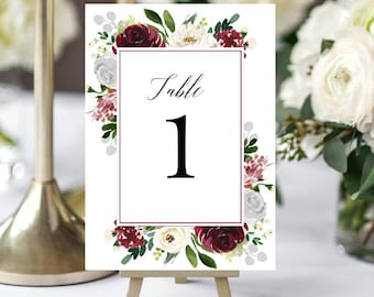 Burgundy Ivory and Silver Wedding Table Number Cards 5x7" Printed Burgundy and Silver Natalie Collection TPC9084