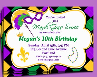 May include: Mardi Gras Soiree invitation for Megan's 10th birthday. The invitation features a mask, scepter, and fleur-de-lis. The invitation is in a white frame with a black, yellow, green, and purple diamond pattern.