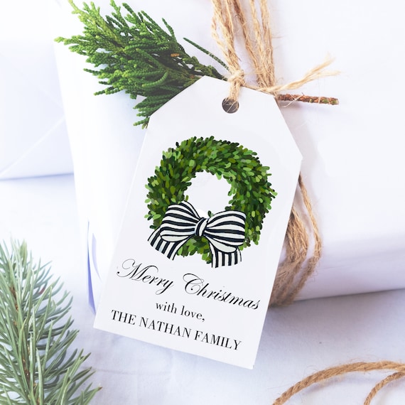 Black Stipe Christmas Wreath Gift Tags Personalized with FREE SHIPPING Christmas Gift Tags, Personalized Christmas Tags Boxwood Bow Il_570xn