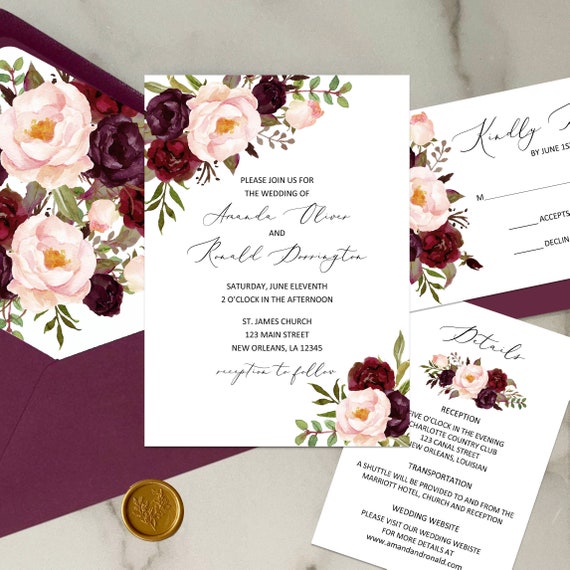 Burgundy and Blush Wedding Invitations Wedding Suite Engagement Party Couples Shower Rehearsal - Fall Winter - Marsala Collection Il_570xn