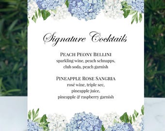 Printed Signature Drink 8x10" Sign Poster or Foam Board Shower - Dusty Blue Hydrangea Elizabeth Collection TPC9001