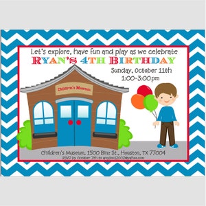 Boy's Children's Museum Invitation Printable or Printed with FREE SHIPPING - You Pick Hair Color/Skin Tone - Royal Blue Museum Collection