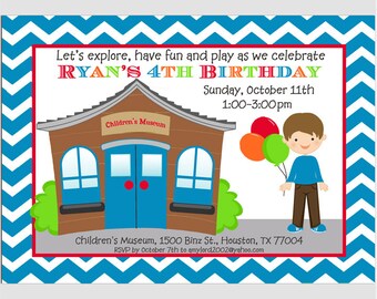 Boy's Children's Museum Invitation Printable or Printed with FREE SHIPPING - You Pick Hair Color/Skin Tone - Royal Blue Museum Collection