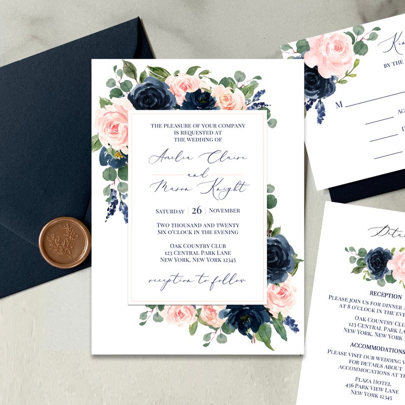 Wedding Table Number Cards 5x7 Printed Navy and Blush Amelia Collection TPC9006 image 2