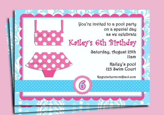 Girl's Pool Party Invitation Printable or Printed with FREE SHIPPING - Swim Party - Pink Polka Dot Swim Collection Il_570xn