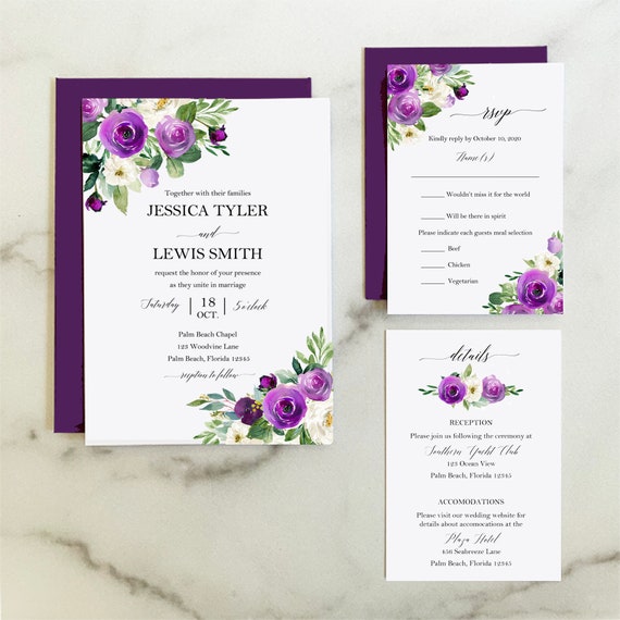 Purple Wedding Invitations Wedding Invitation Suite Engagement Party Couples Shower Rehearsal - Elegant Floral in Purple Collection Il_570xn