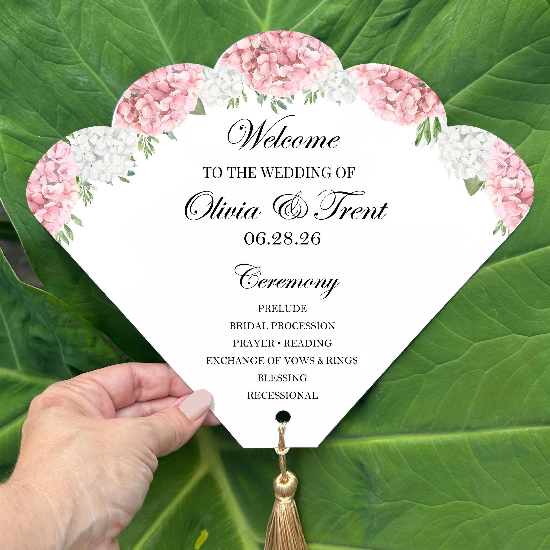Blush Floral Wedding Program Fans with Tassel Scallop Menu Blush Pink Hydrangea Charlotte Collection TPC9079
