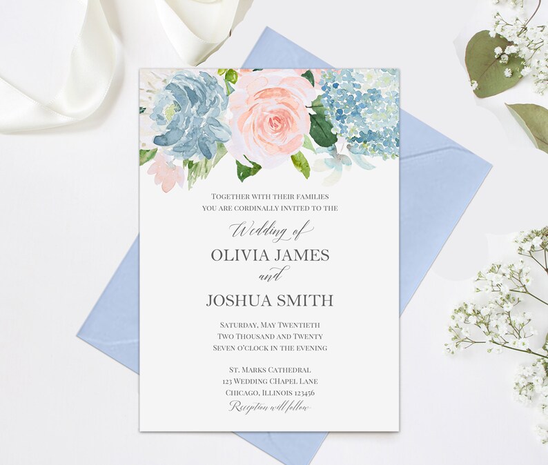 Blue and Blush Blooms Wedding Invitations Suite Engagement Etsy