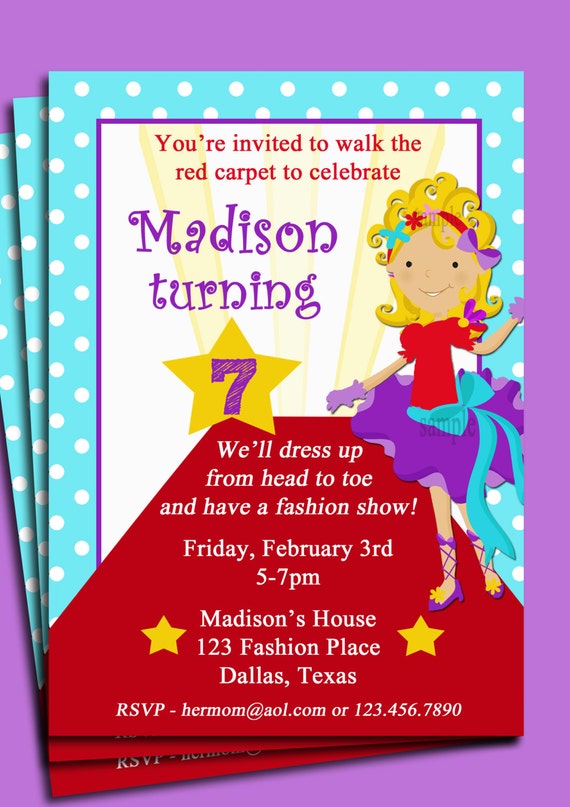Red Carpet Girl Party Invitation - Pick Hair Color/Style and Skin Tone - Dress Up, Fashion Show, Diva Birthday Party Il_570xn